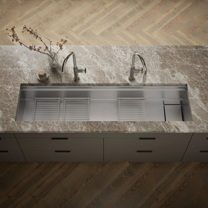 KOHLER K-37905 Synthos 69-3/4" Undermount Single-bowl Kitchen Sink, Stainless Steel - Shows close up detail of product in roo