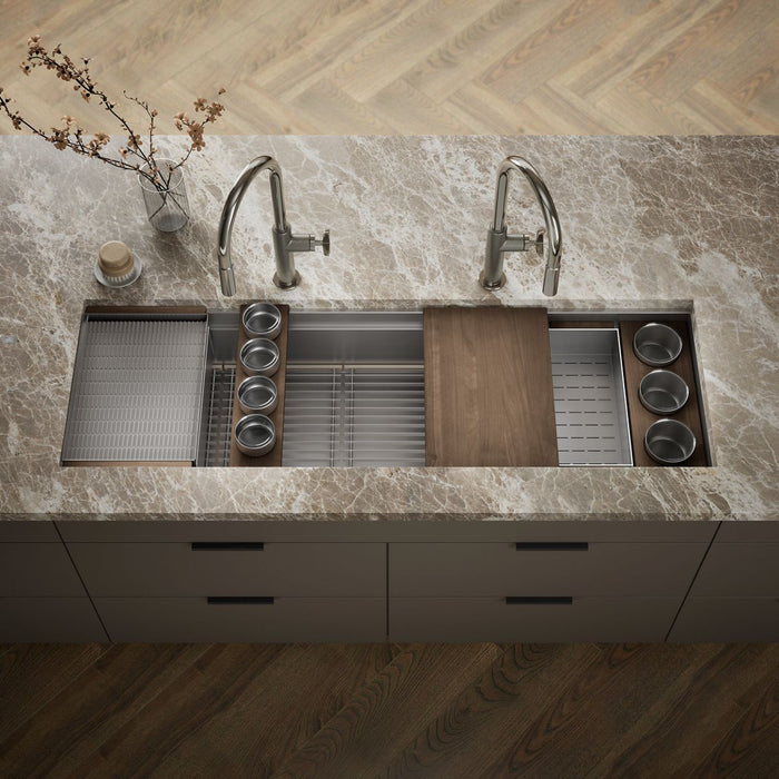 KOHLER K-37906-WAL Synthos 57-3/4" Undermount Single-bowl Workstation Kitchen Sink, Solid Wood Dark Walnut - Shows close up d