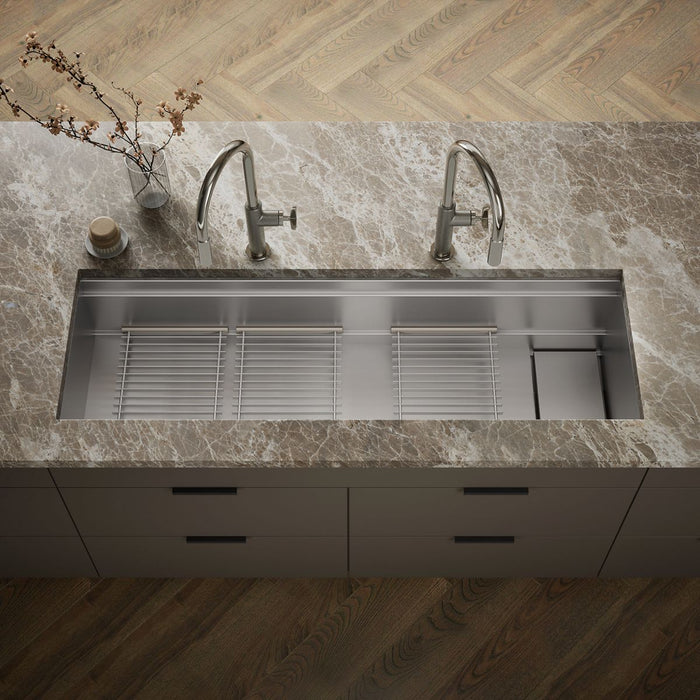 KOHLER K-37906 Synthos 57-3/4" Undermount Single-bowl Kitchen Sink, Stainless Steel - Shows close up detail of product in roo