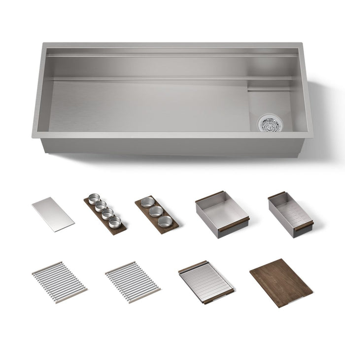 KOHLER K-37907-WAL Synthos 45-3/4" Undermount Single-bowl Workstation Kitchen Sink, Solid Wood Dark Walnut - 3/4 view of prod