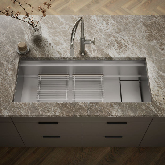 KOHLER K-37907 Synthos 45-3/4" Undermount Single-bowl Kitchen Sink, Stainless Steel - Shows close up detail of product in roo
