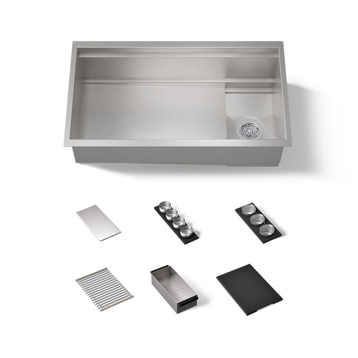 KOHLER K-37908-PAP Synthos 33-3/4" Undermount Single-bowl Workstation Kitchen Sink, Wood Composite Matte Black - 3/4 view of 