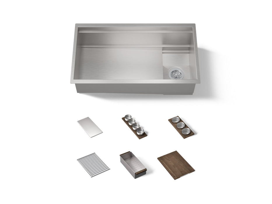 KOHLER K-37908-WAL Synthos 33-3/4" Undermount Single-bowl Workstation Kitchen Sink, Solid Wood Dark Walnut - 3/4 view of prod