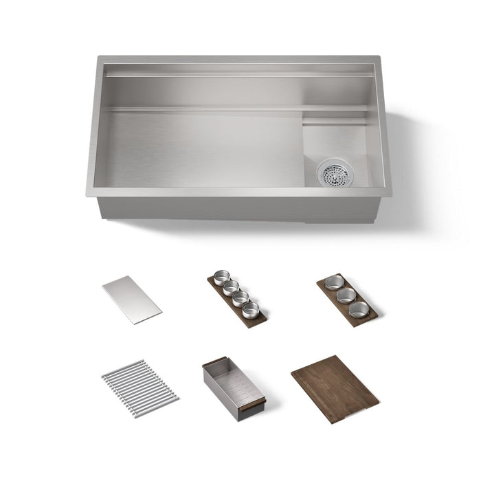 KOHLER K-37908-WAL Synthos 33-3/4" Undermount Single-bowl Workstation Kitchen Sink, Solid Wood Dark Walnut - 3/4 view of prod
