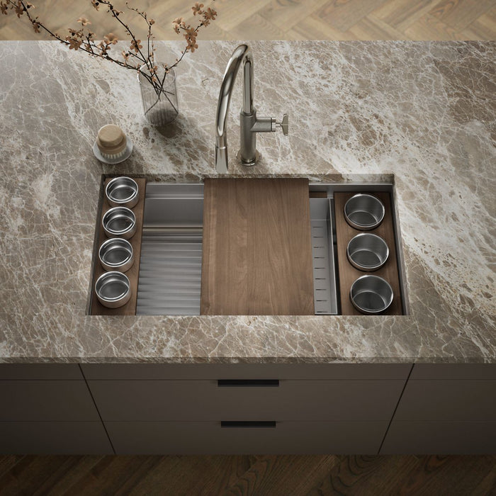 KOHLER K-37908-WAL Synthos 33-3/4" Undermount Single-bowl Workstation Kitchen Sink, Solid Wood Dark Walnut - Shows close up d