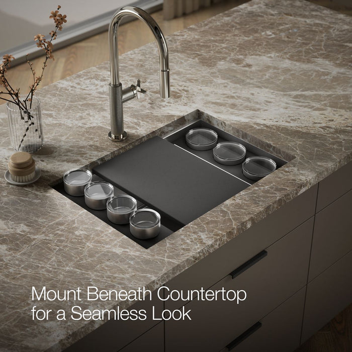 KOHLER K-37911-PAP Synthos 27-3/4" Undermount Single-bowl Workstation Kitchen Sink, Wood Composite Matte Black - image focuse