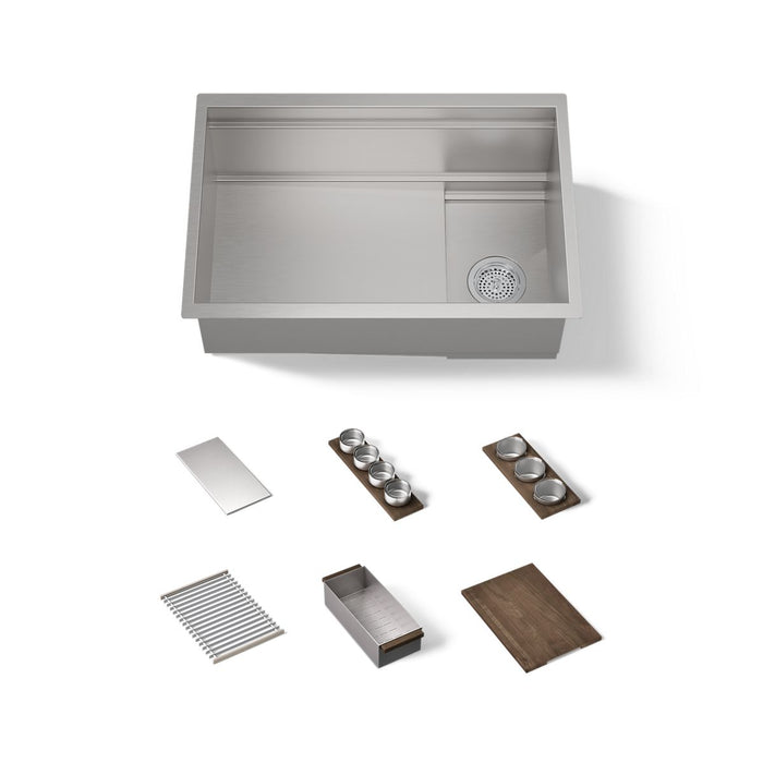 KOHLER K-37911-WAL Synthos 27-3/4" Undermount Single-bowl Workstation Kitchen Sink, Solid Wood Dark Walnut - 3/4 view of prod