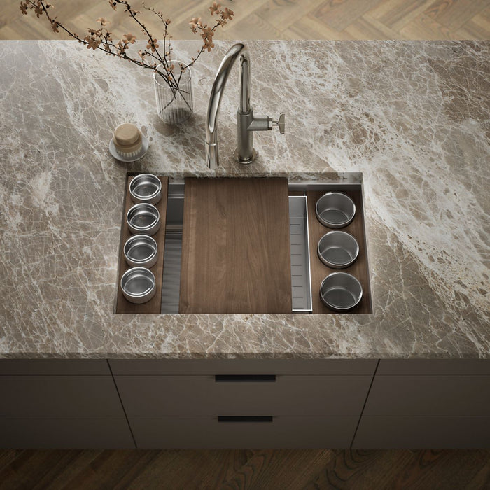 KOHLER K-37911-WAL Synthos 27-3/4" Undermount Single-bowl Workstation Kitchen Sink, Solid Wood Dark Walnut - Shows close up d