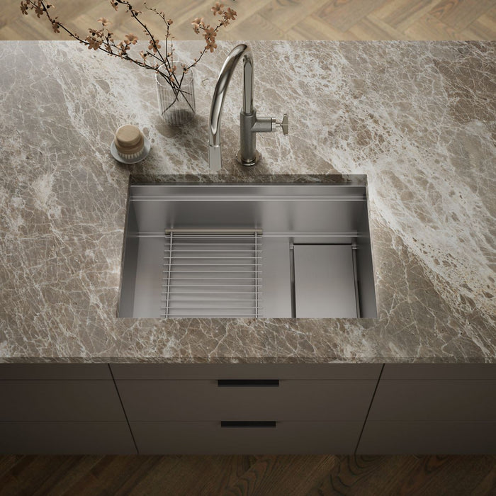 KOHLER K-37911 Synthos 27-3/4" Undermount Single-bowl Kitchen Sink, Stainless Steel - Shows close up detail of product in roo