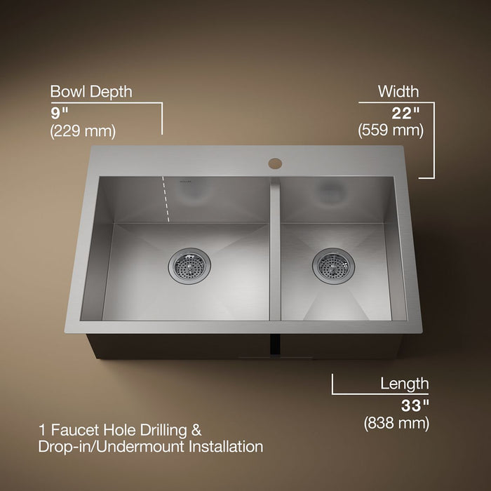 KOHLER K-3823-1 Vault 33" top-/undermount double-bowl kitchen sink