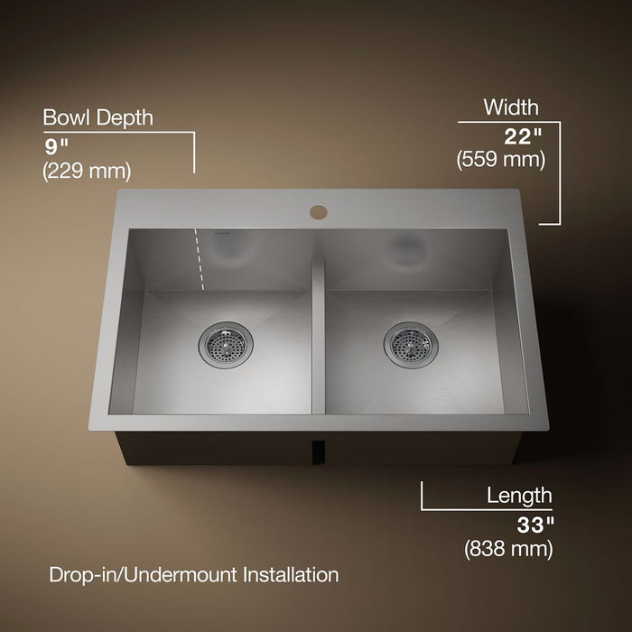KOHLER K-3838-1 Vault Smart Divide 33" top-/undermount double-bowl kitchen sink