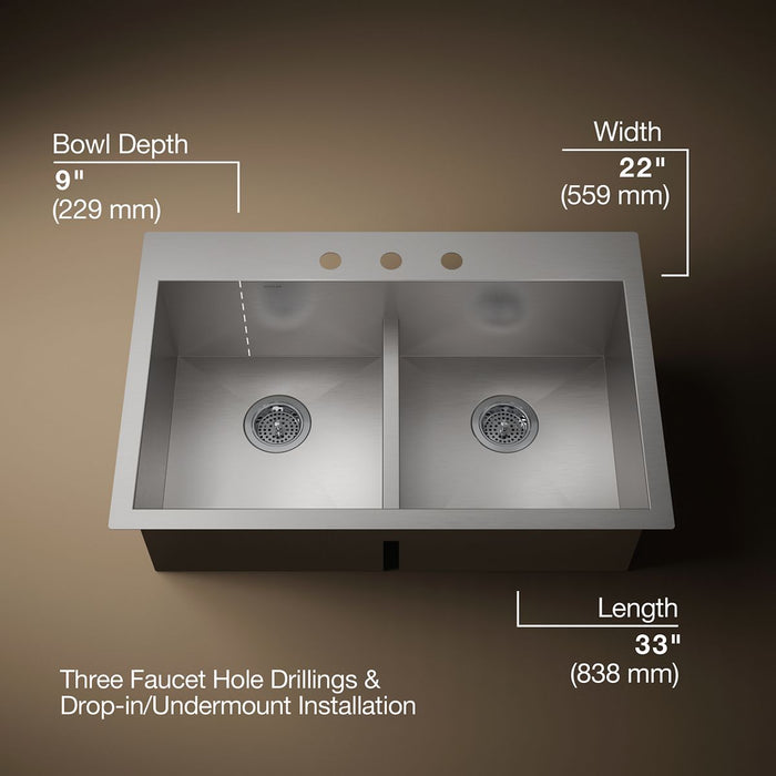 KOHLER K-3838-3 Vault Smart Divide 33" top-/undermount double-bowl kitchen sink