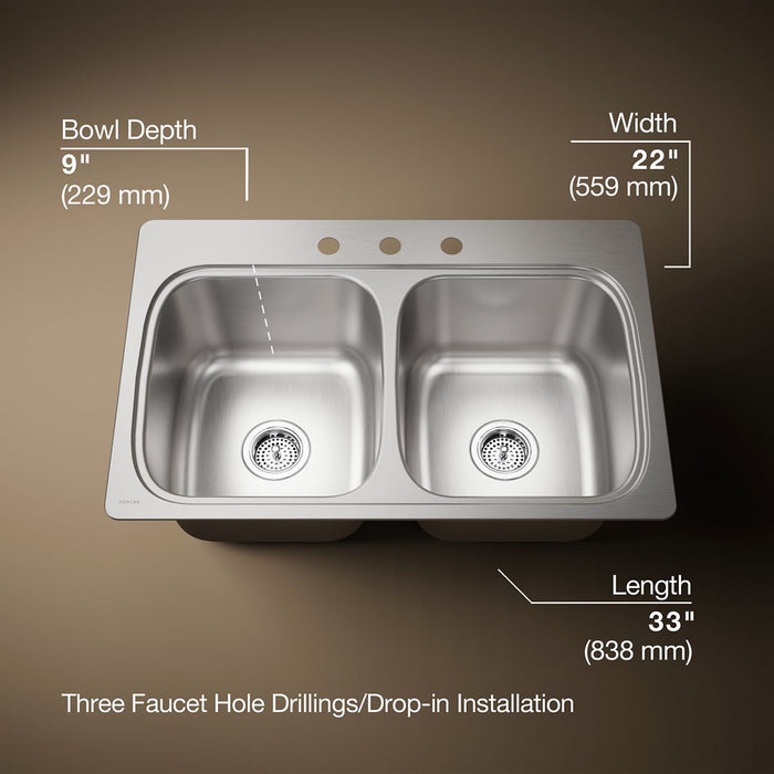 KOHLER K-5267-3 Verse 33" top-mount double-bowl kitchen sink