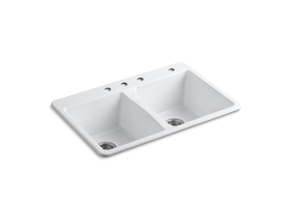 KOHLER K-5873-4 Deerfield 33" x 22" x 9-5/8" top-mount double-equal kitchen sink, white