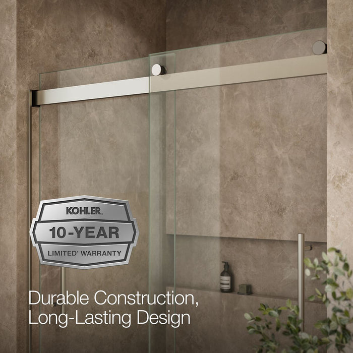 KOHLER K-702419-L Levity Frameless sliding bath door, 61-9/16" H x 56-5/8 - 59-5/8" W, with 5/16"-thick Crystal Clear...