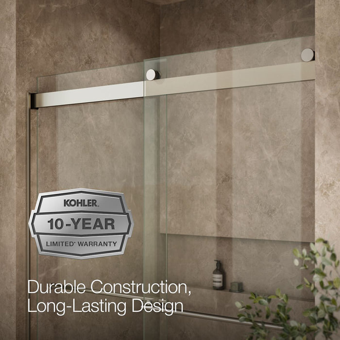 KOHLER K-702424-L Levity Frameless sliding shower door, 77-9/16" H x 56-5/8 - 59-5/8" W, with 5/16"-thick Crystal Clear...