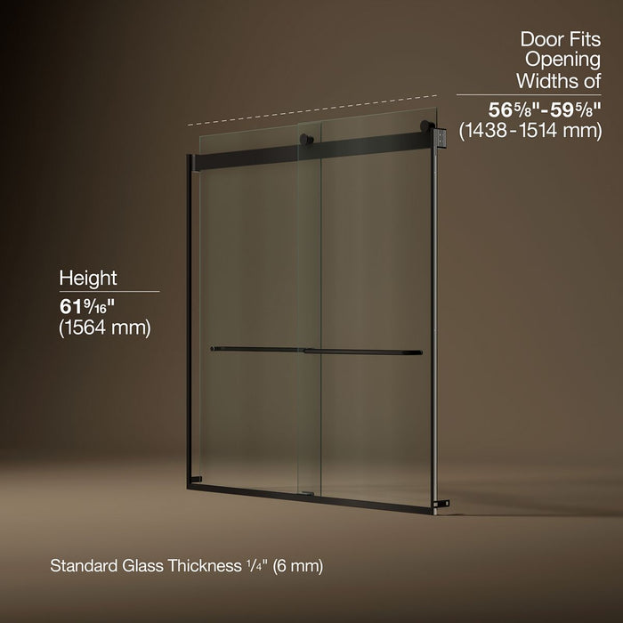 KOHLER K-706004-L Levity Sliding bath door, 62" H x 56-5/8 - 59-5/8" W, with 1/4" thick Crystal Clear glass
