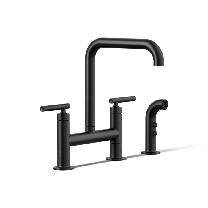 KOHLER K-7548-4 Purist Two-hole bridge kitchen sink faucet with side sprayer