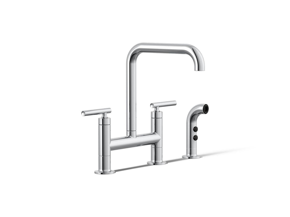 KOHLER K-7548-4 Purist Two-hole bridge kitchen sink faucet with side sprayer