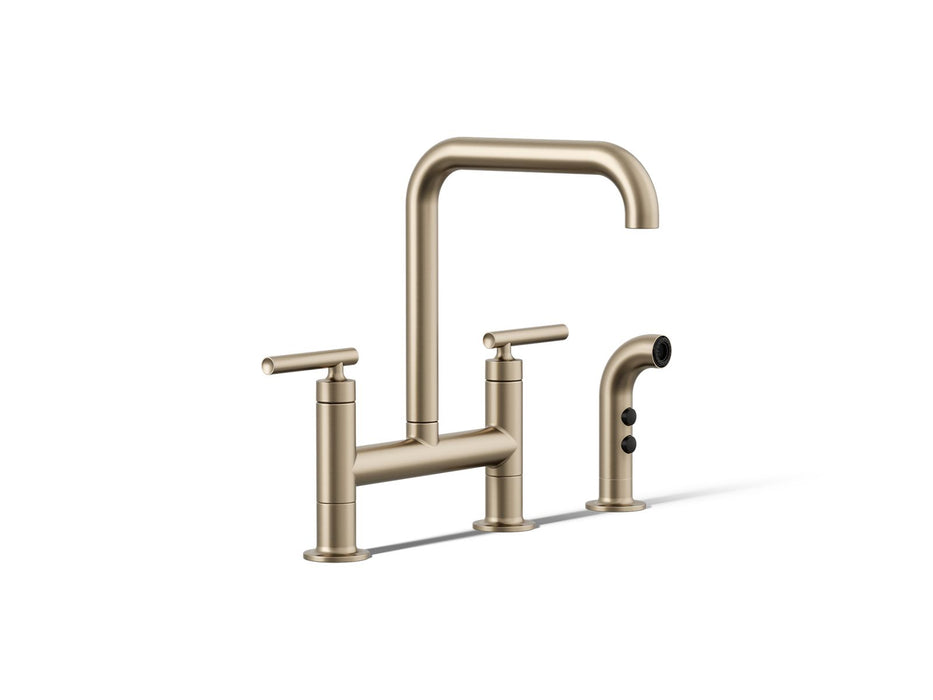 KOHLER K-7548-4 Purist Two-hole bridge kitchen sink faucet with side sprayer
