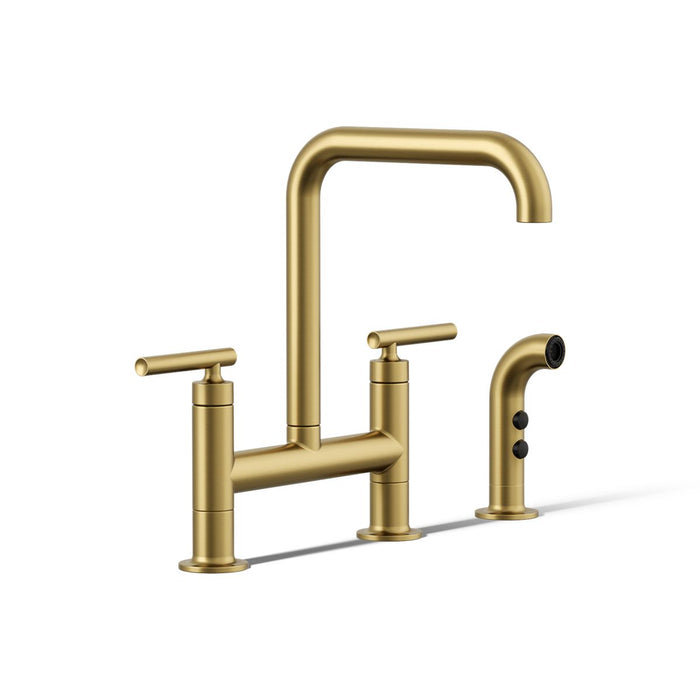 KOHLER K-7548-4 Purist Two-hole bridge kitchen sink faucet with side sprayer