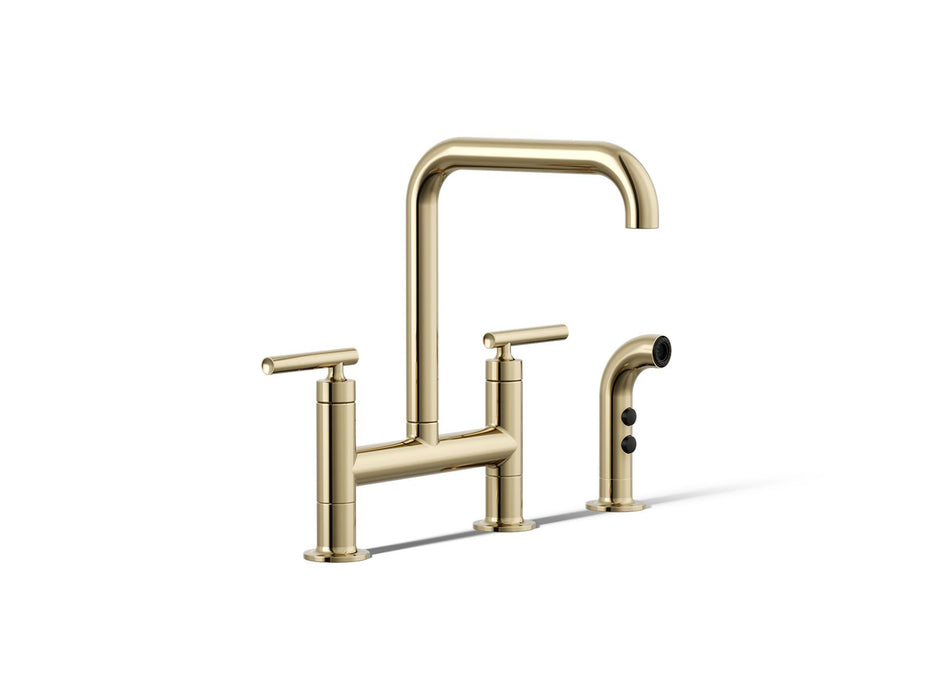 KOHLER K-7548-4 Purist Two-hole bridge kitchen sink faucet with side sprayer