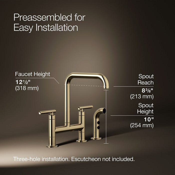 KOHLER K-7548-4 Purist Two-hole bridge kitchen sink faucet with side sprayer