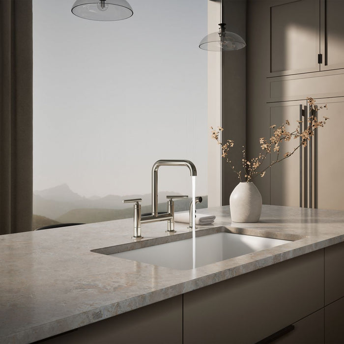 KOHLER K-7548-4 Purist Two-hole bridge kitchen sink faucet with side sprayer