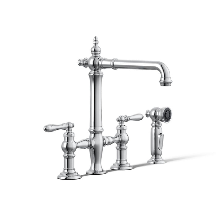 KOHLER K-76519-4 Artifacts Three-hole bridge kitchen sink faucet with side sprayer