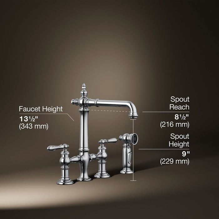 KOHLER K-76519-4 Artifacts Three-hole bridge kitchen sink faucet with side sprayer