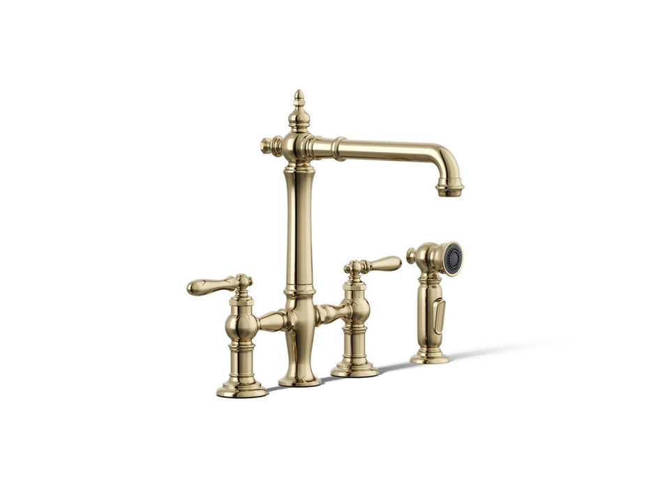 KOHLER K-76519-4 Artifacts Three-hole bridge kitchen sink faucet with side sprayer