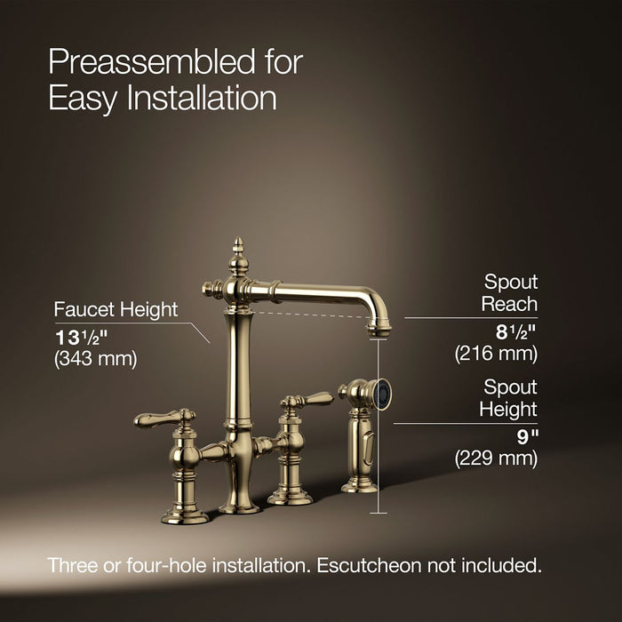 KOHLER K-76519-4 Artifacts Three-hole bridge kitchen sink faucet with side sprayer