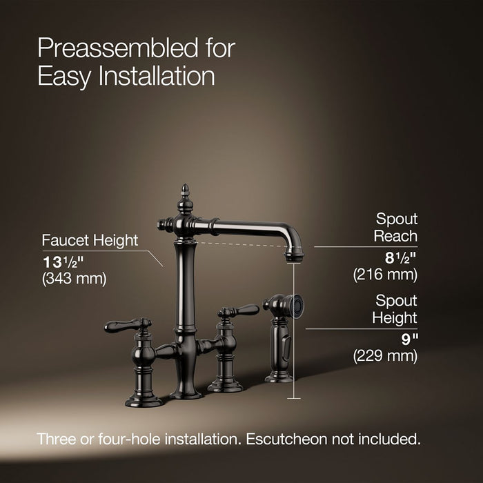 KOHLER K-76519-4 Artifacts Three-hole bridge kitchen sink faucet with side sprayer