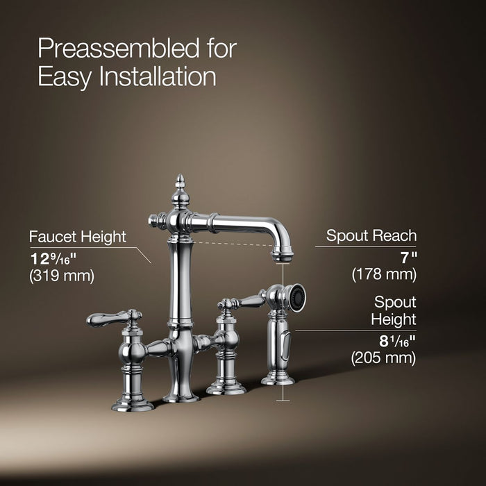 KOHLER K-76520-4 Artifacts Three-hole bridge bar sink faucet with side sprayer