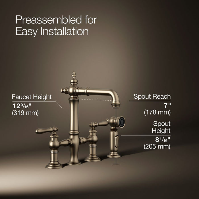 KOHLER K-76520-4 Artifacts Three-hole bridge bar sink faucet with side sprayer