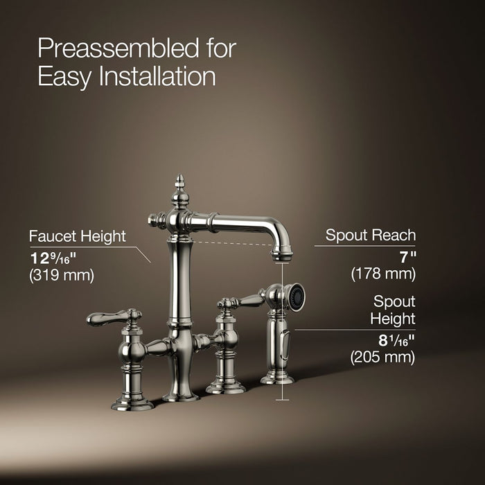 KOHLER K-76520-4 Artifacts Three-hole bridge bar sink faucet with side sprayer