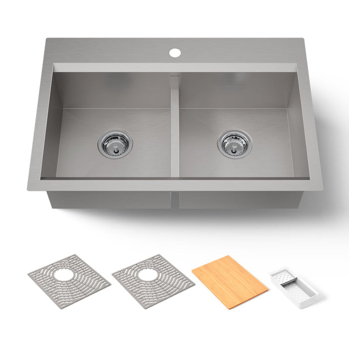 KOHLER K-80085-1PC Task Smart Divide 33" top-/undermount double-bowl workstation kitchen sink