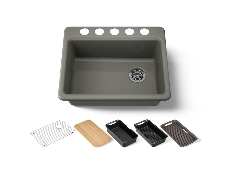 KOHLER K-8668-5UPC Riverby 27" undermount single-bowl workstation kitchen sink, thunder grey