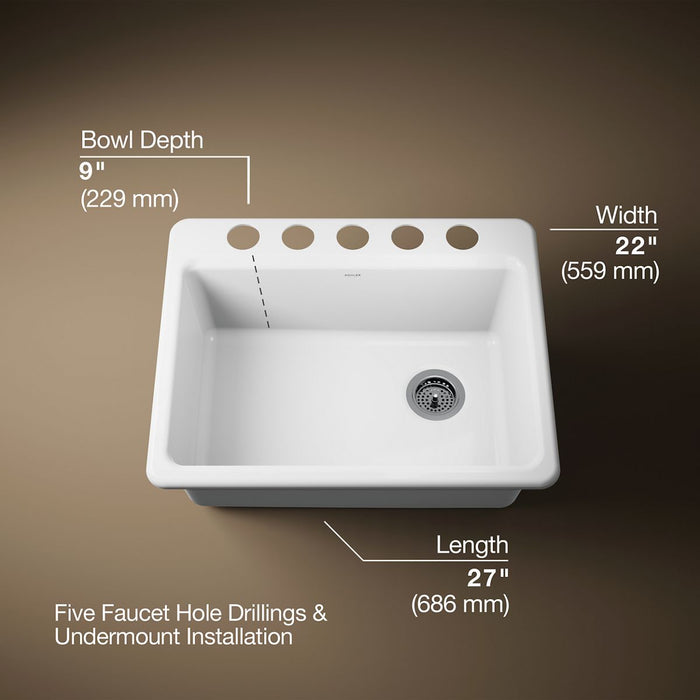 KOHLER K-8668-5UPC Riverby 27" undermount single-bowl workstation kitchen sink