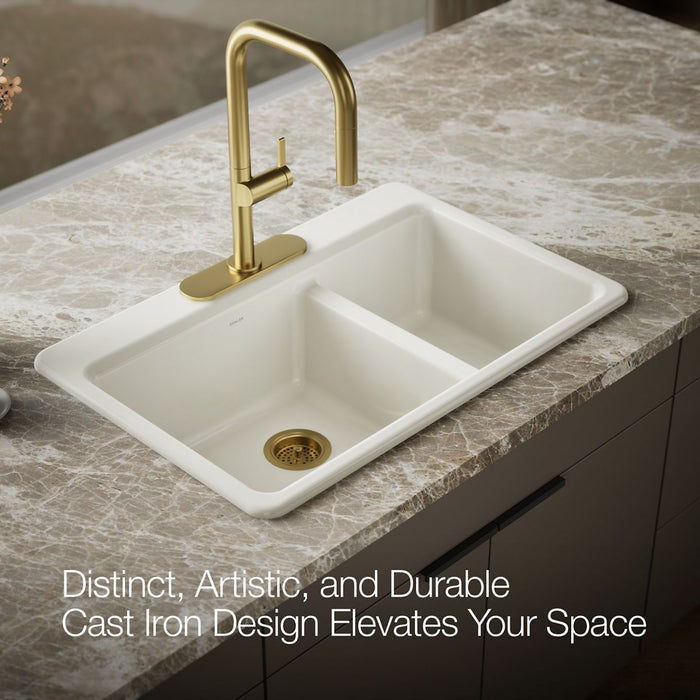 KOHLER K-8669-3A1 Riverby 33" top-mount double-bowl kitchen sink, biscuit - view 4