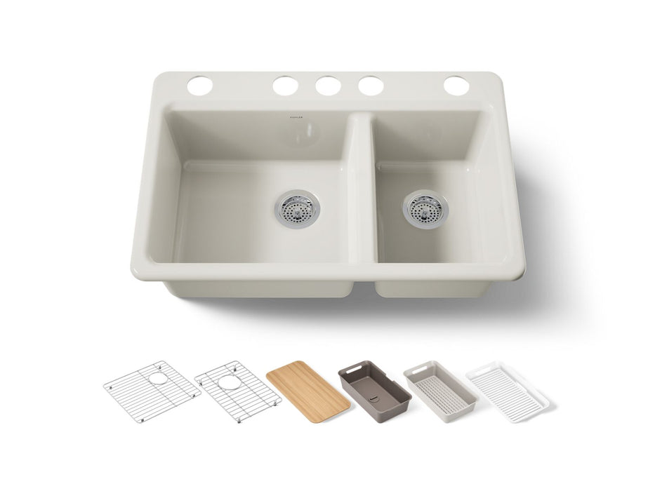 KOHLER K-8669-5UPC Riverby 33" undermount double-bowl workstation kitchen sink, biscuit
