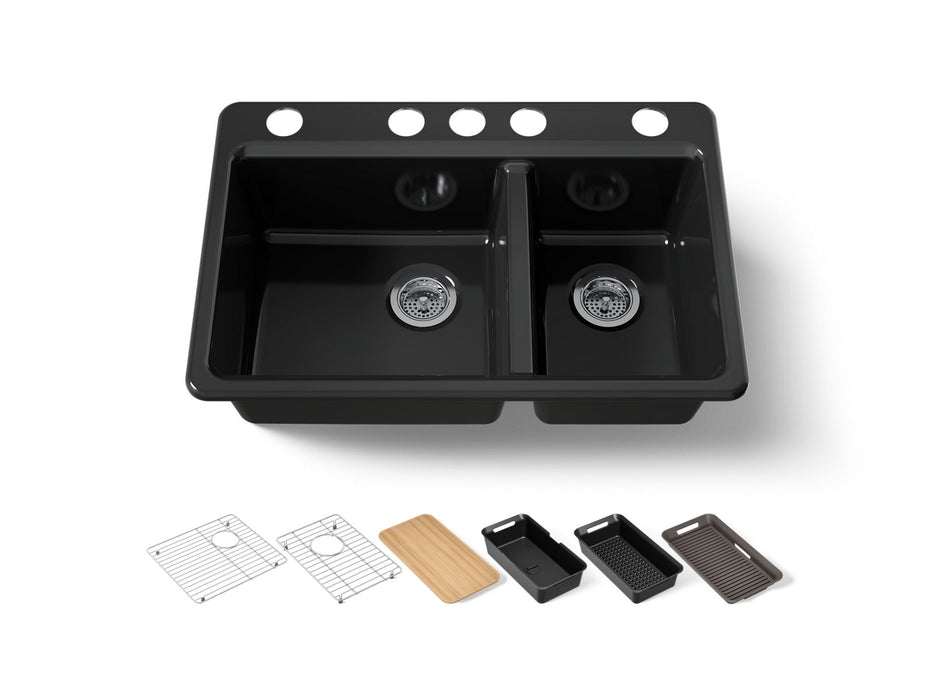 KOHLER K-8669-5UPC Riverby 33" undermount double-bowl workstation kitchen sink, black black