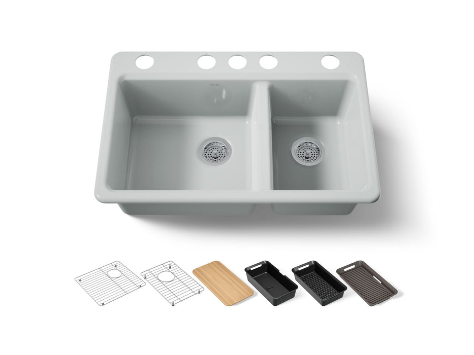 KOHLER K-8669-5UPC Riverby 33" undermount double-bowl workstation kitchen sink, ice grey