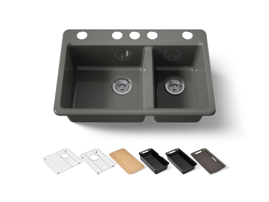 KOHLER K-8669-5UPC Riverby 33" undermount double-bowl workstation kitchen sink, thunder grey