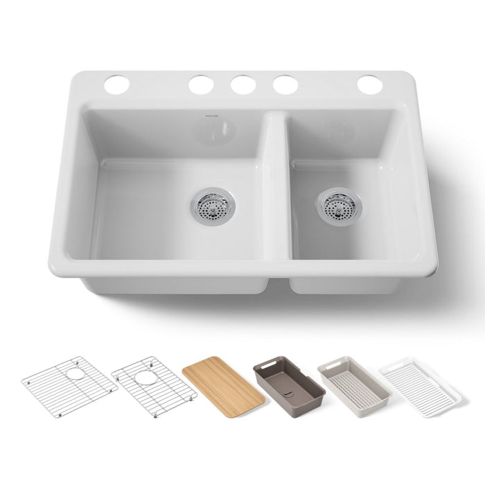KOHLER K-8669-5UPC Riverby 33" undermount double-bowl workstation kitchen sink, white - view 5
