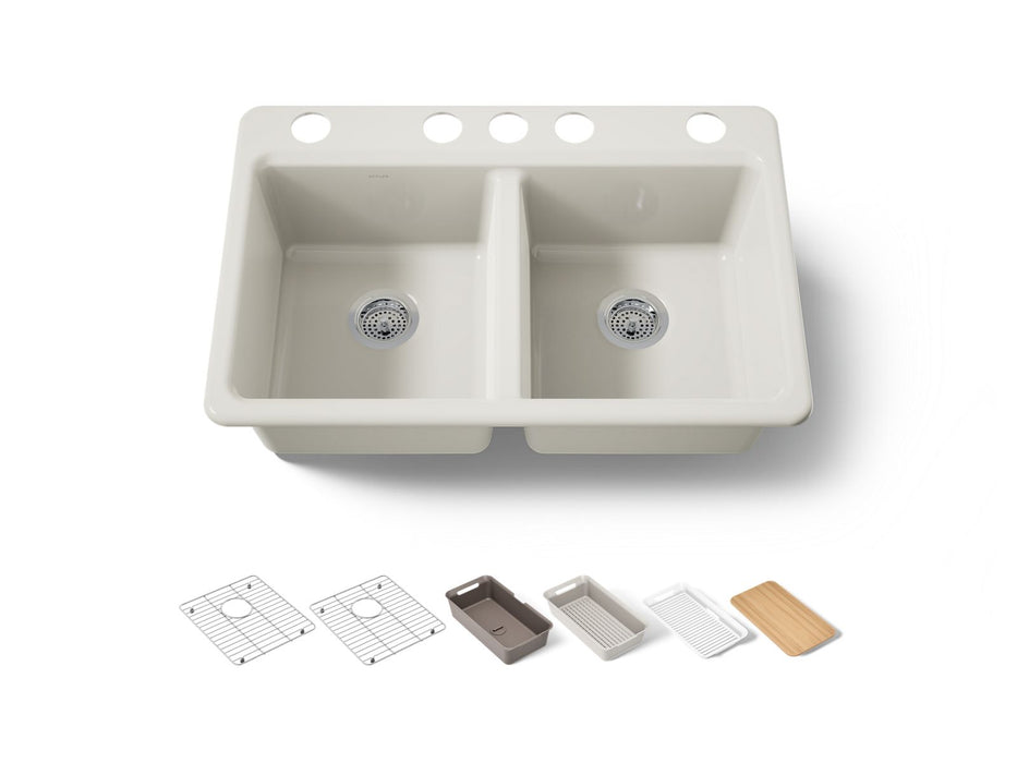 KOHLER K-8679-5UPC Riverby 33" undermount double-bowl workstation kitchen sink, biscuit