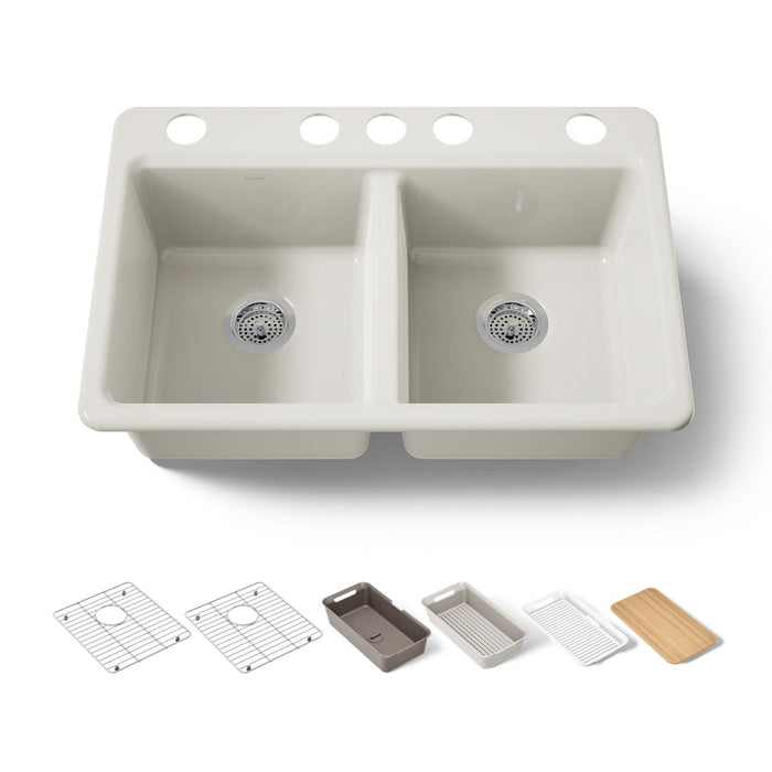 KOHLER K-8679-5UPC Riverby 33" undermount double-bowl workstation kitchen sink, biscuit - view 5