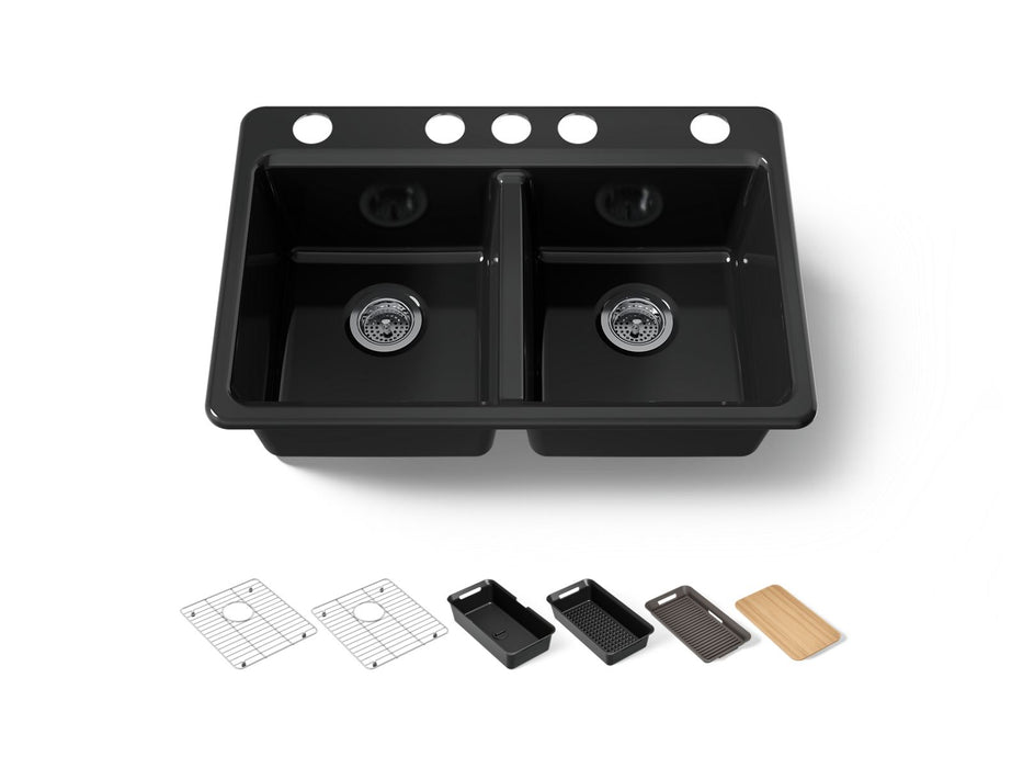 KOHLER K-8679-5UPC Riverby 33" undermount double-bowl workstation kitchen sink, black black