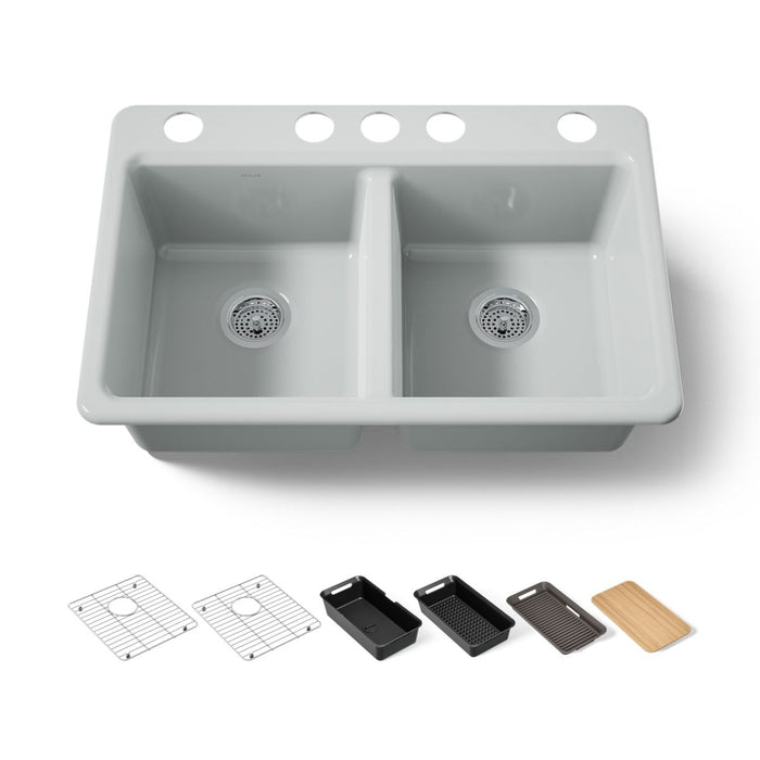 KOHLER K-8679-5UPC Riverby 33" undermount double-bowl workstation kitchen sink, ice grey
