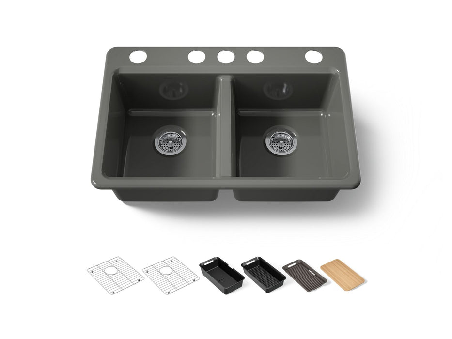 KOHLER K-8679-5UPC Riverby 33" undermount double-bowl workstation kitchen sink, thunder grey